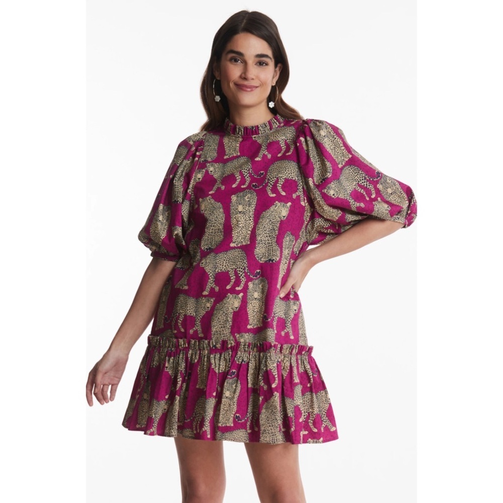 Tyler Boe Sammy Cheetah Print Pink Ruffle Puff Sleeve Dress Sz XS